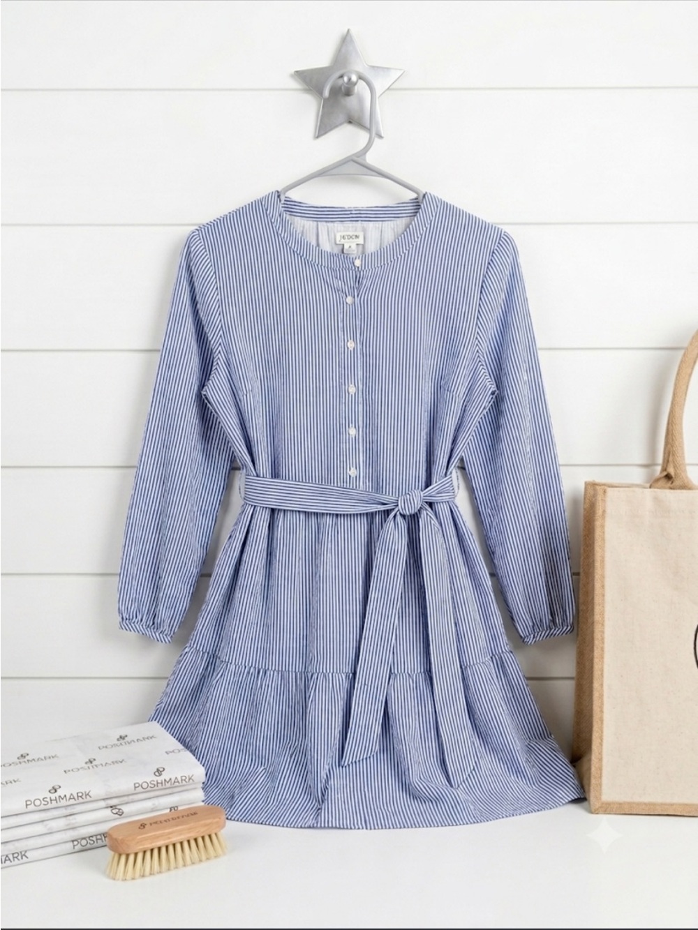 Blue & White Striped Button Front Dress with Tie Waist J.Crew X-Large
